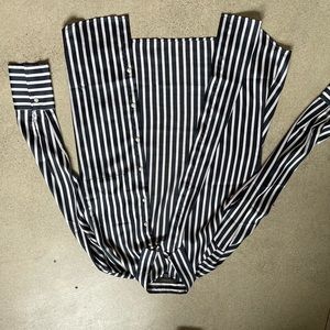 Striped blue and while silk like fabric button up